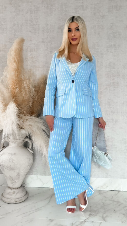 Niebieski elastyczny komplet w paski marynarka + spodnie ONE SIZE - R861