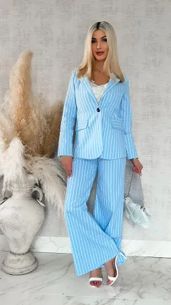 Niebieski elastyczny komplet w paski marynarka + spodnie ONE SIZE - R861