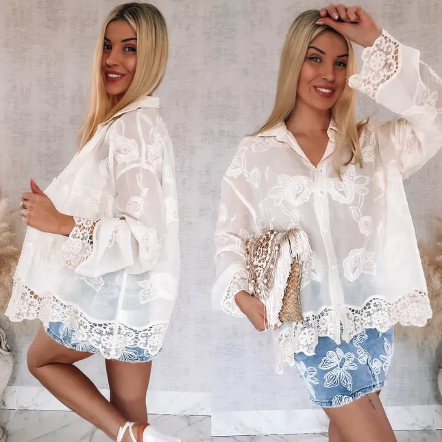Elegancka bawełniana koszula w stylu boho ONE SIZE ecru - R931