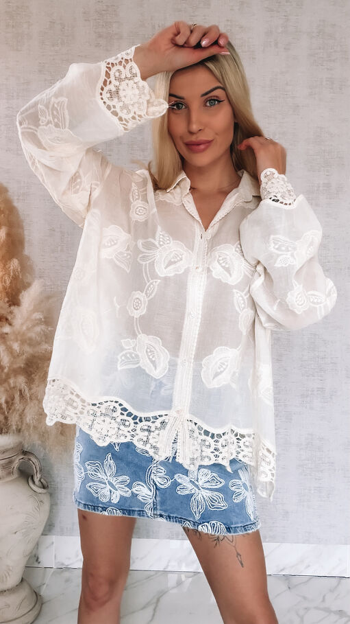 Elegancka bawełniana koszula w stylu boho ONE SIZE ecru - R931