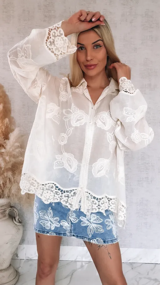 Elegancka bawełniana koszula w stylu boho ONE SIZE ecru - R931