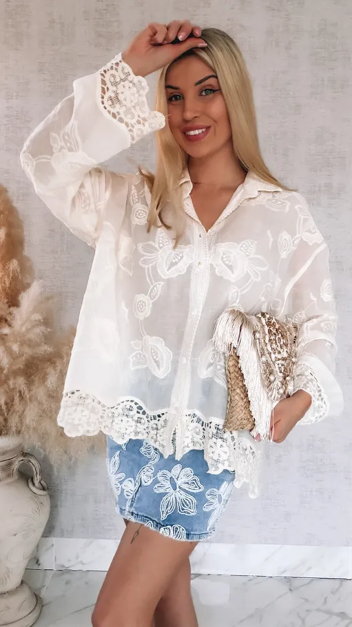 Elegancka bawełniana koszula w stylu boho ONE SIZE ecru - R931
