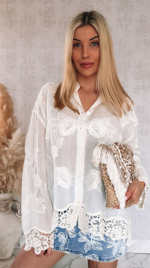 Elegancka bawełniana koszula w stylu boho ONE SIZE ecru - R931