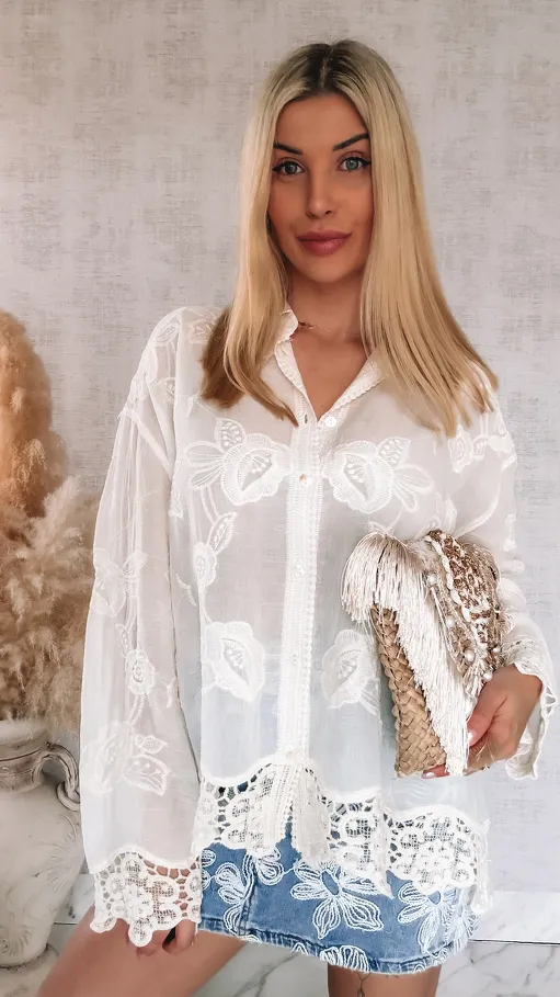 Elegancka bawełniana koszula w stylu boho ONE SIZE ecru - R931