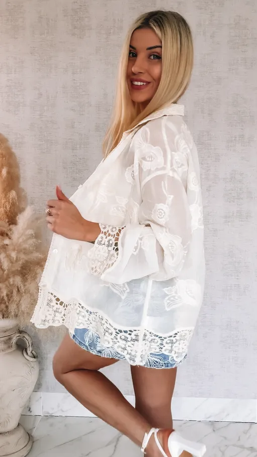 Elegancka bawełniana koszula w stylu boho ONE SIZE ecru - R931