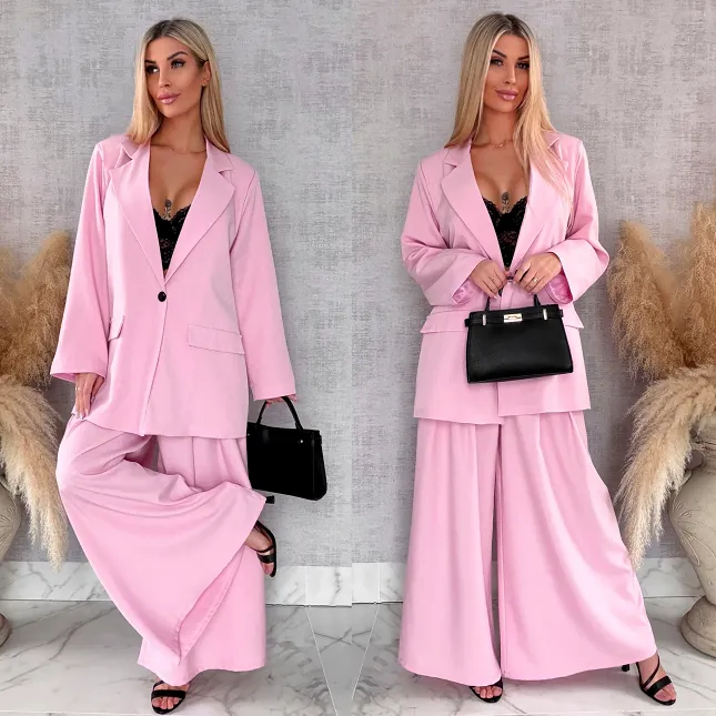 Wiosenny różowy komplet PLUS SIZE żakiet + spodnie OVERSIZE - R674