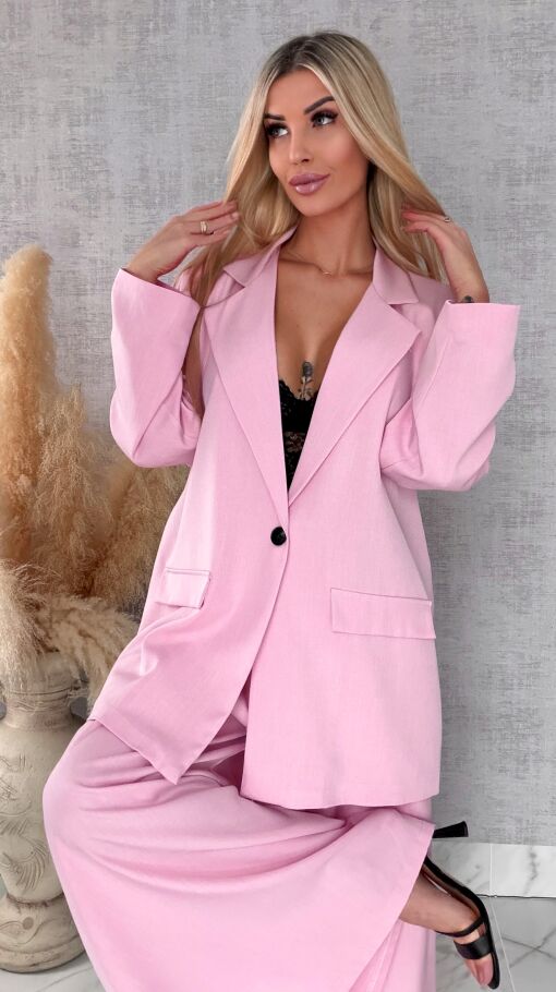 Wiosenny różowy komplet PLUS SIZE żakiet + spodnie OVERSIZE - R674