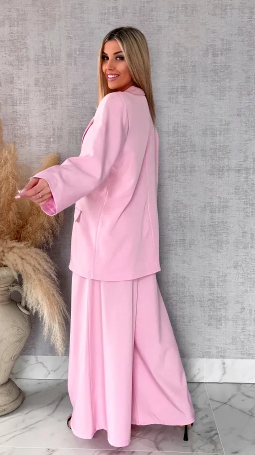 Wiosenny różowy komplet PLUS SIZE żakiet + spodnie OVERSIZE - R674