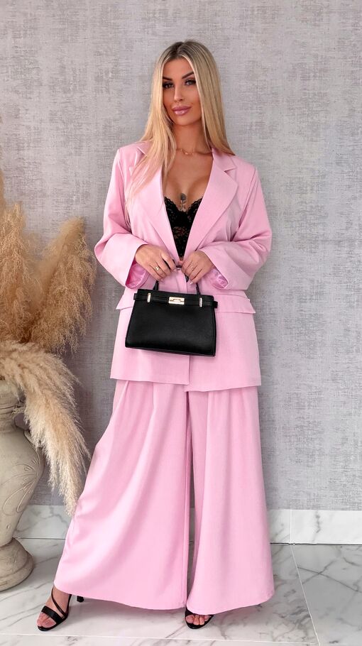 Wiosenny różowy komplet PLUS SIZE żakiet + spodnie OVERSIZE - R674