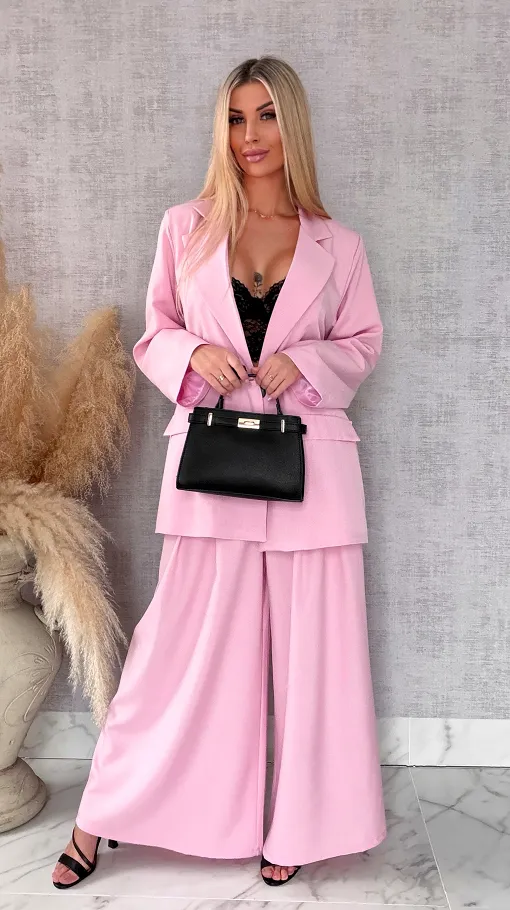 Wiosenny różowy komplet PLUS SIZE żakiet + spodnie OVERSIZE - R674
