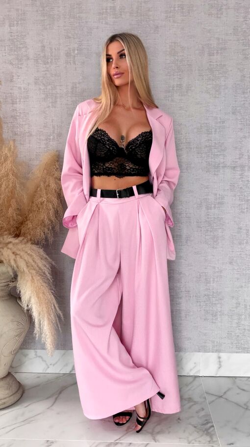 Wiosenny różowy komplet PLUS SIZE żakiet + spodnie OVERSIZE - R674