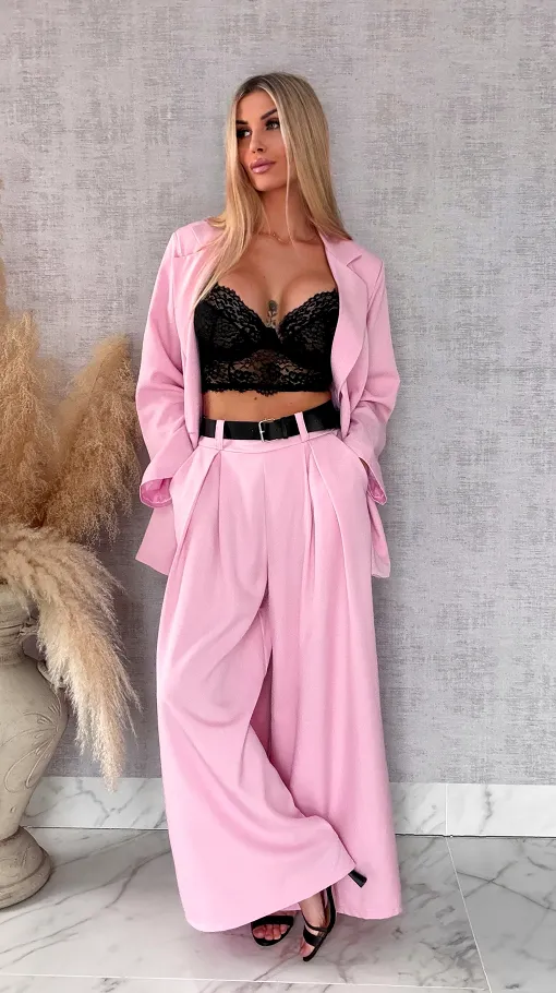 Wiosenny różowy komplet PLUS SIZE żakiet + spodnie OVERSIZE - R674