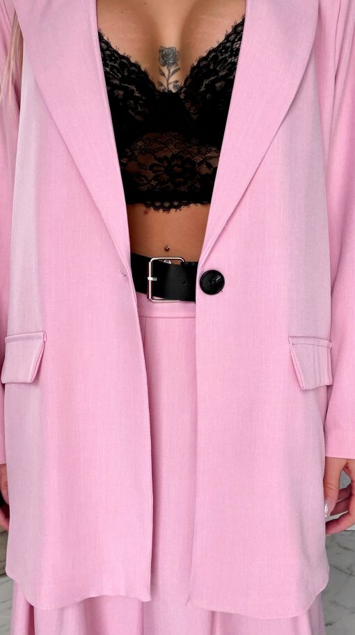 Wiosenny różowy komplet PLUS SIZE żakiet + spodnie OVERSIZE - R674