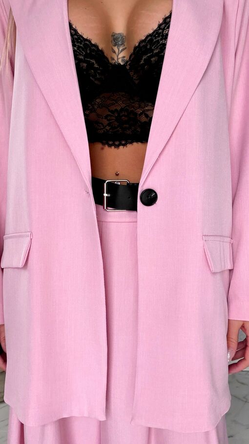 Wiosenny różowy komplet PLUS SIZE żakiet + spodnie OVERSIZE - R674