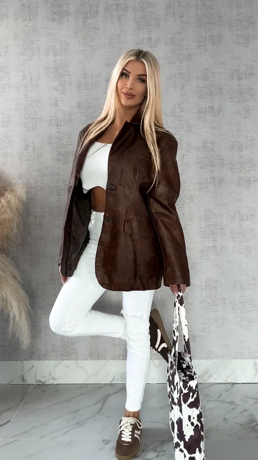 Brązowa marynarka z eko skóry OVERSIZE - R158