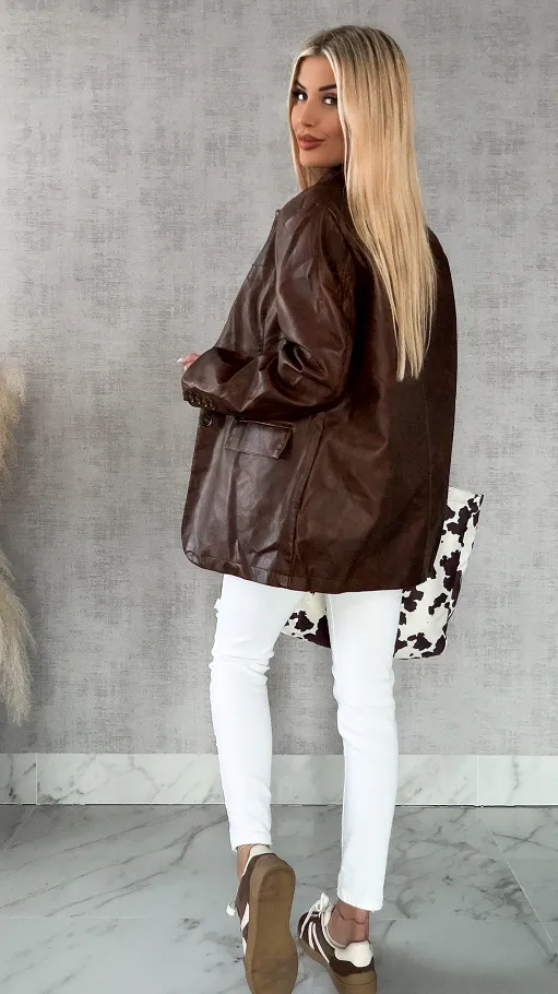 Brązowa marynarka z eko skóry OVERSIZE - R158