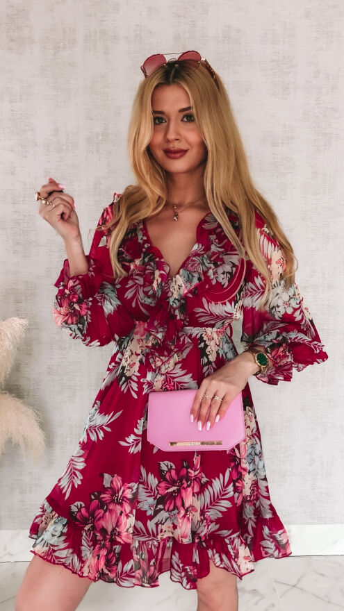 Oryginalna bordowa sukienka w kwiaty z pięknym dekoltem - R990