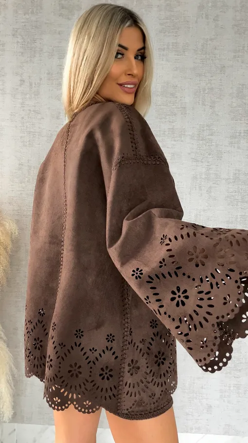 Oryginalna zamszowa marynarka BOHO czekoladowa ONE SIZE - R527