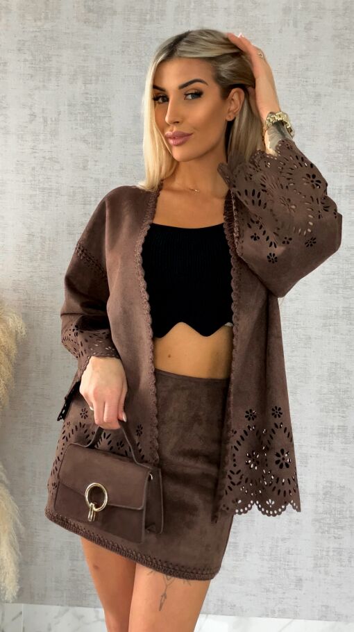 Oryginalna zamszowa marynarka BOHO czekoladowa ONE SIZE - R527