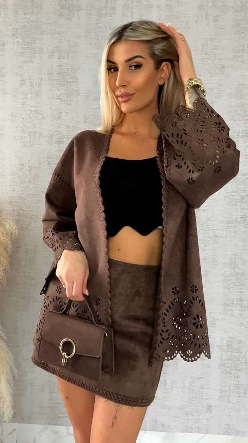 Oryginalna zamszowa marynarka BOHO czekoladowa ONE SIZE - R527