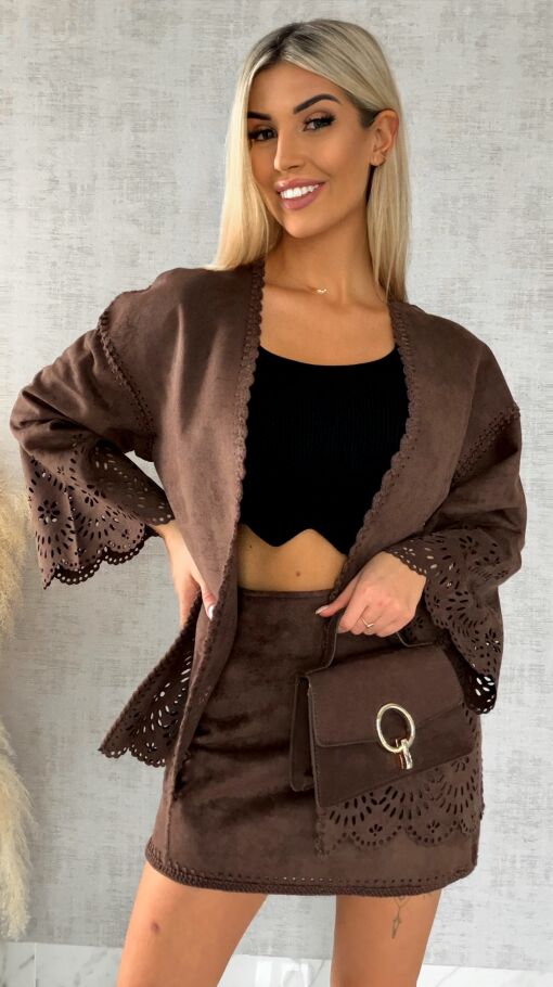 Oryginalna zamszowa marynarka BOHO czekoladowa ONE SIZE - R527