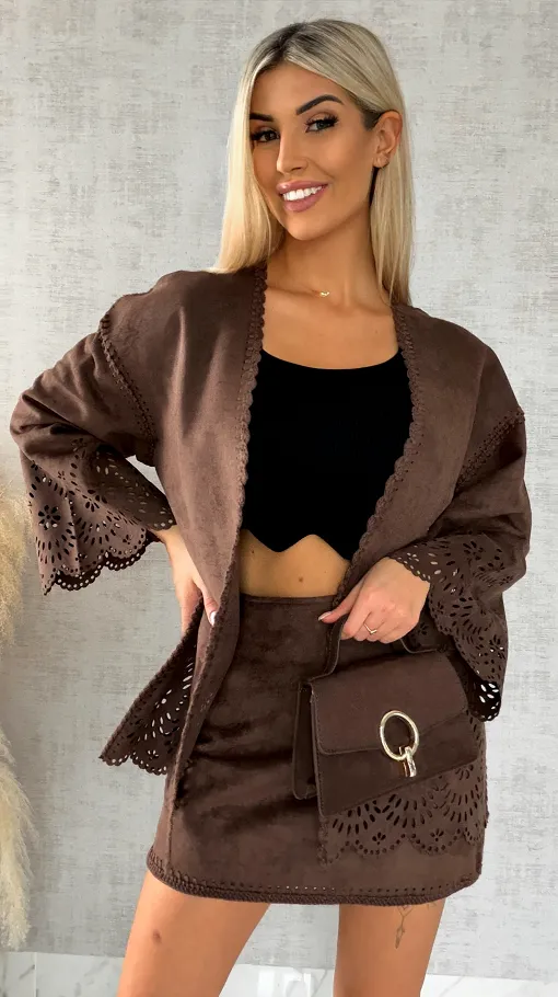 Oryginalna zamszowa marynarka BOHO czekoladowa ONE SIZE - R527