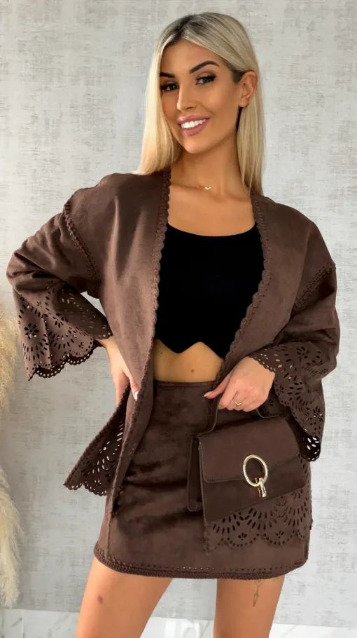 Oryginalna zamszowa marynarka BOHO czekoladowa ONE SIZE - R527