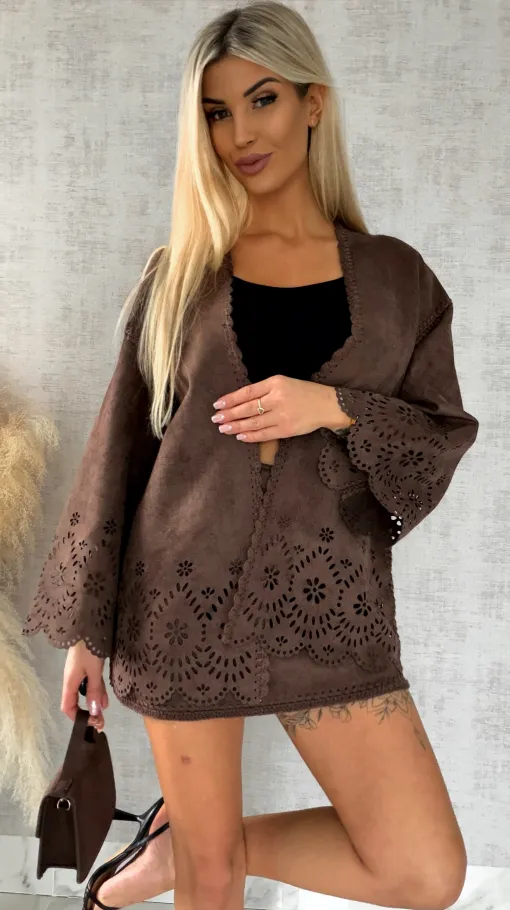 Oryginalna zamszowa marynarka BOHO czekoladowa ONE SIZE - R527