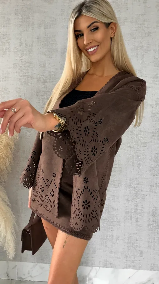 Oryginalna zamszowa marynarka BOHO czekoladowa ONE SIZE - R527