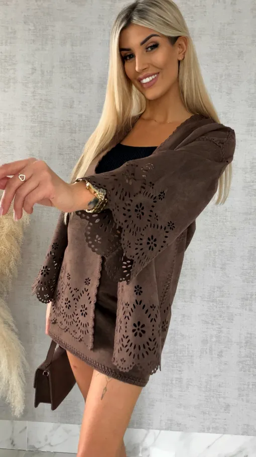 Oryginalna zamszowa marynarka BOHO czekoladowa ONE SIZE - R527