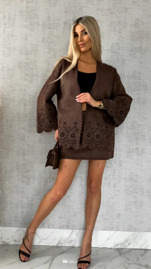 Oryginalna zamszowa marynarka BOHO czekoladowa ONE SIZE - R527