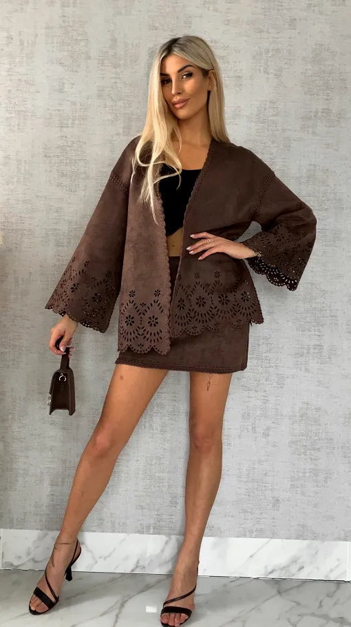 Oryginalna zamszowa marynarka BOHO czekoladowa ONE SIZE - R527