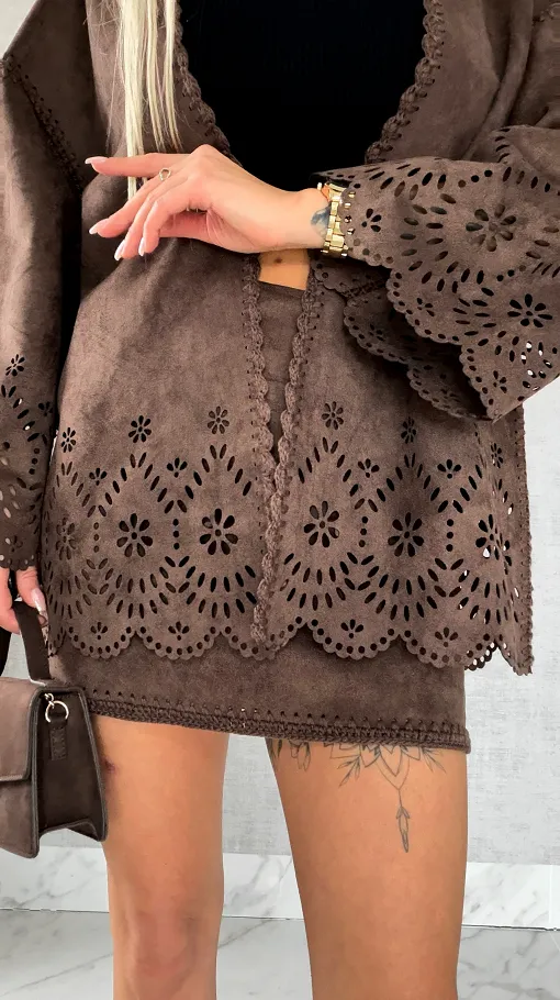 Oryginalna zamszowa marynarka BOHO czekoladowa ONE SIZE - R527