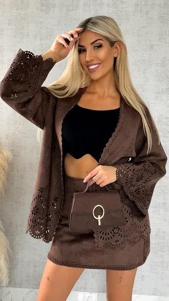 Oryginalna zamszowa marynarka BOHO czekoladowa ONE SIZE - R527