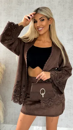 Oryginalna zamszowa marynarka BOHO czekoladowa ONE SIZE - R527