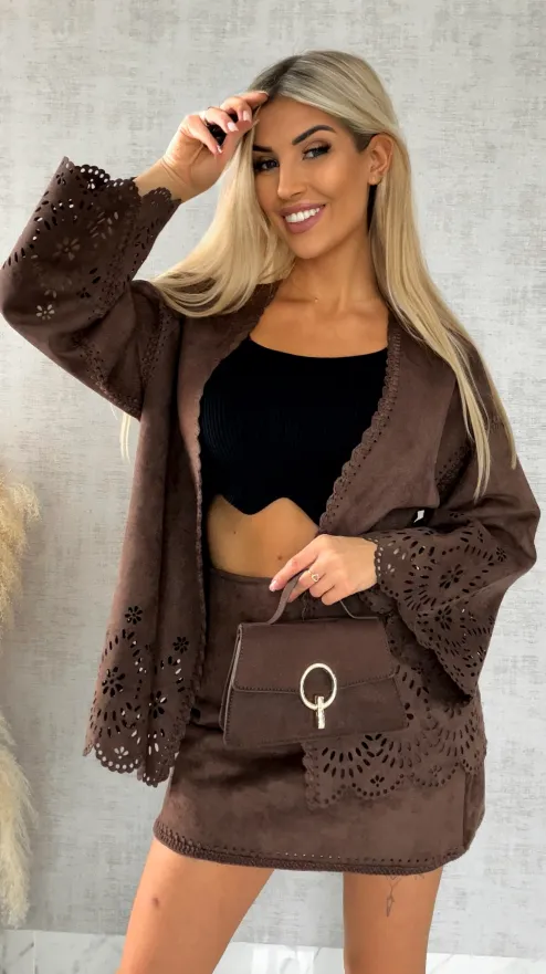 Oryginalna zamszowa marynarka BOHO czekoladowa ONE SIZE - R527