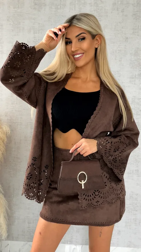 Oryginalna zamszowa marynarka BOHO czekoladowa ONE SIZE - R527