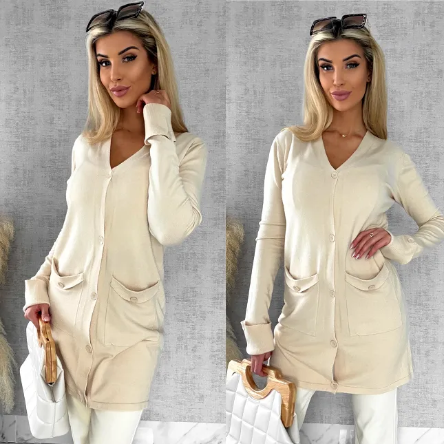 Beżowy dzianinowy kardigan z kieszeniami ONE SIZE - R518A