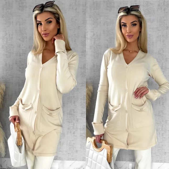 Beżowy dzianinowy kardigan z kieszeniami ONE SIZE - R518A