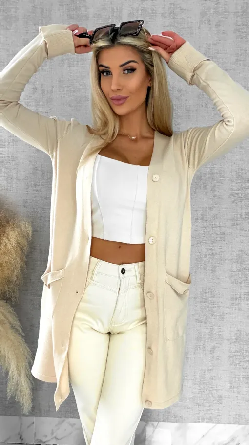 Beżowy dzianinowy kardigan z kieszeniami ONE SIZE - R518A