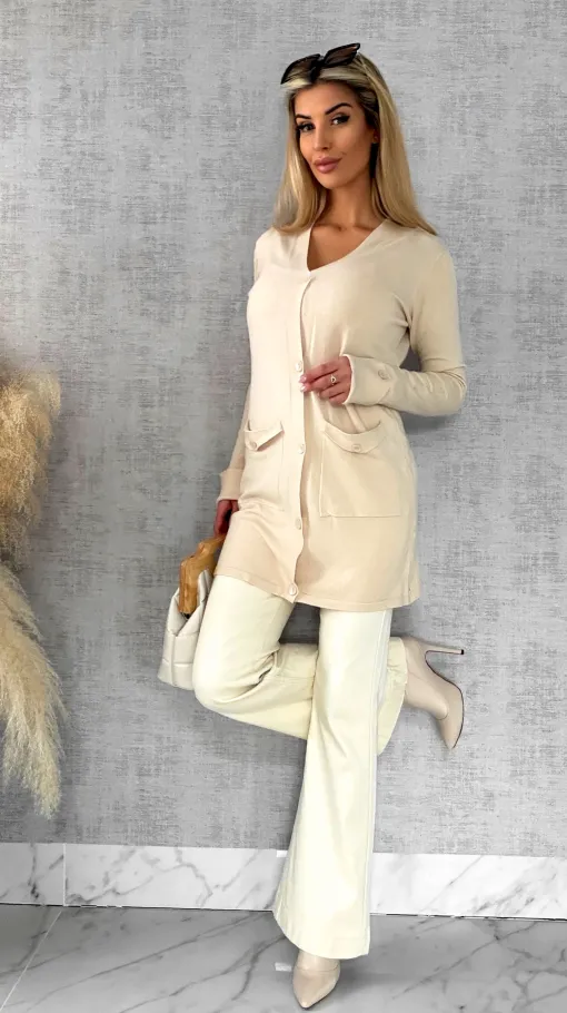 Beżowy dzianinowy kardigan z kieszeniami ONE SIZE - R518A