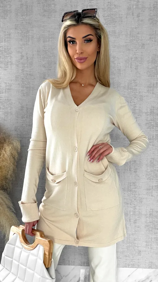 Beżowy dzianinowy kardigan z kieszeniami ONE SIZE - R518A
