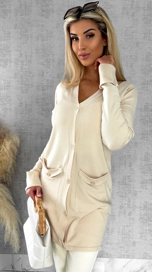 Beżowy dzianinowy kardigan z kieszeniami ONE SIZE - R518A
