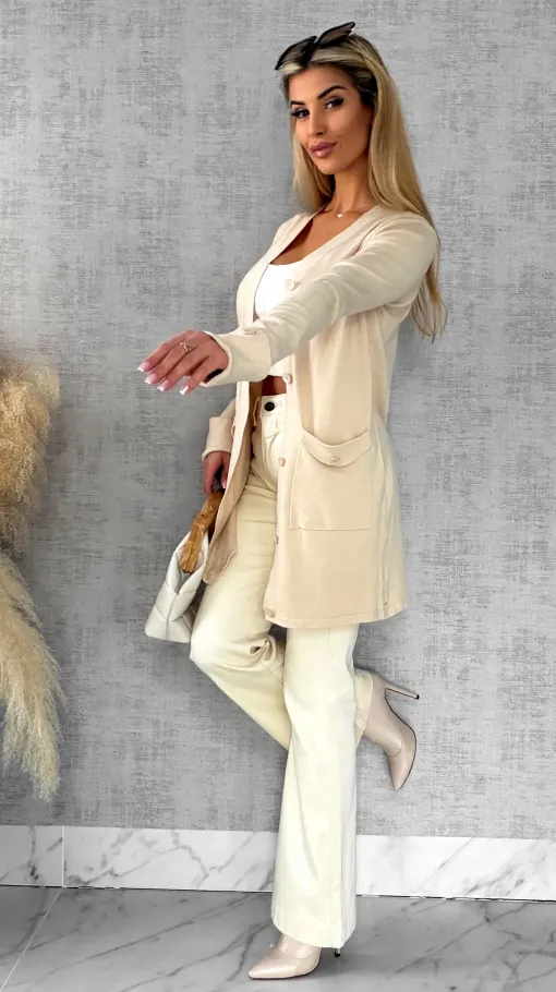 Beżowy dzianinowy kardigan z kieszeniami ONE SIZE - R518A