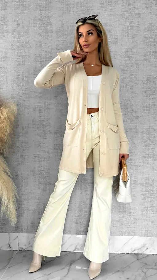 Beżowy dzianinowy kardigan z kieszeniami ONE SIZE - R518A