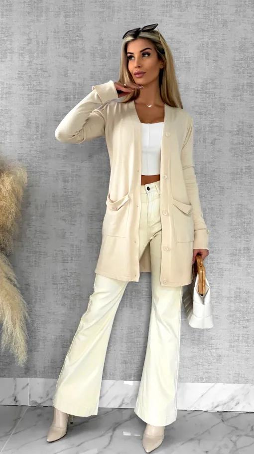 Beżowy dzianinowy kardigan z kieszeniami ONE SIZE - R518A