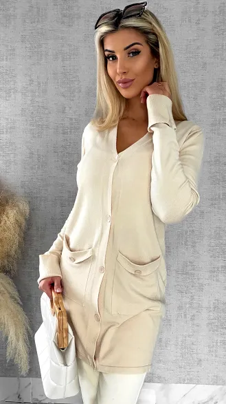 Beżowy dzianinowy kardigan z kieszeniami ONE SIZE - R518A