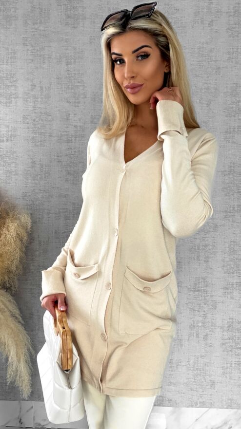 Beżowy dzianinowy kardigan z kieszeniami ONE SIZE - R518A