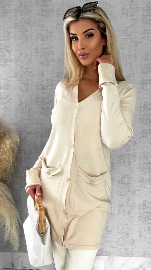 Beżowy dzianinowy kardigan z kieszeniami ONE SIZE - R518A