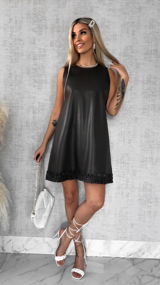 Świetna ciemno brązowa sukienka z eko skóry - R476